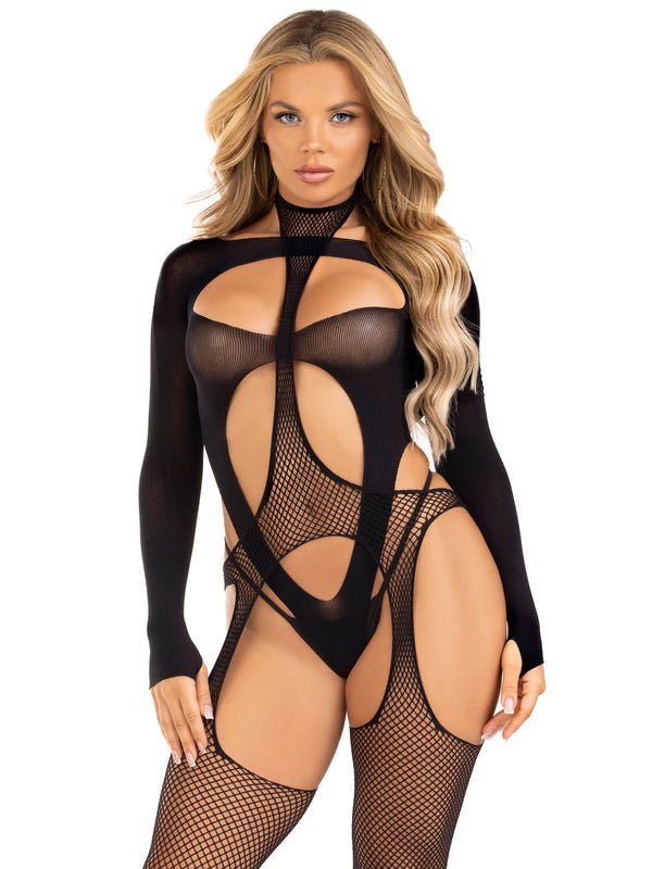 2 PC Fishnet Suspender Bodystocking and Layered Opaque Teddy - Model Express VancouverLingerie