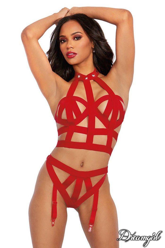 2 PC Strappy Set with Attached Garters Red - Model Express VancouverLingerie
