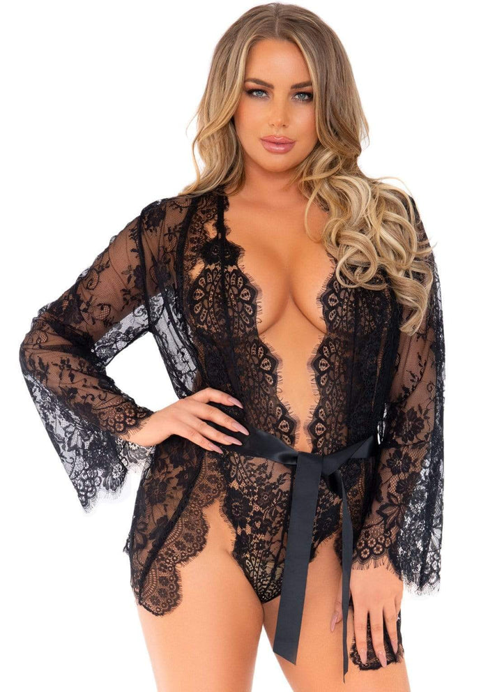 3 Pc Lace Teddy, Matching Robe and Tie Black - Model Express VancouverLingerie