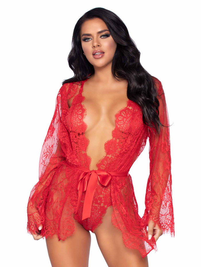 3 Pc Lace Teddy, Matching Robe and Tie Red - Model Express VancouverLingerie