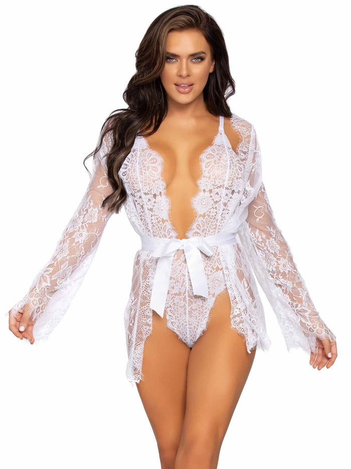 3 Pc Lace Teddy, Matching Robe and Tie White - Model Express VancouverLingerie