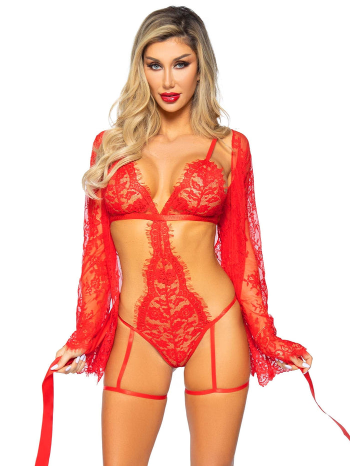 3 Pc Lace Teddy, Robe and Tie Red - Model Express VancouverLingerie