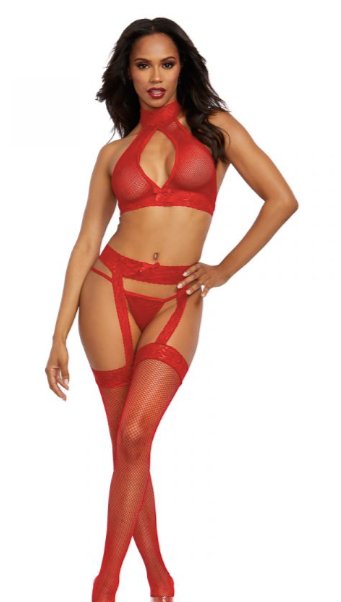 3PC Bodystocking with Cutout Front Red - Model Express VancouverLingerie