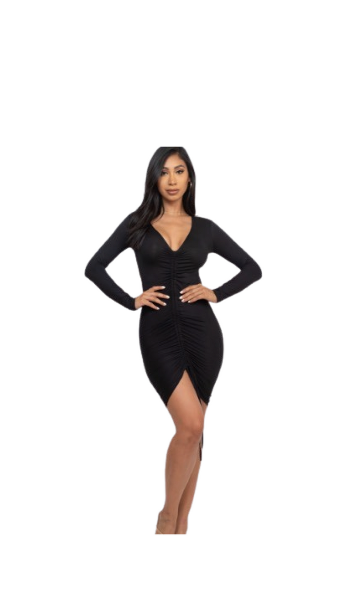 Long Sleeve Front Ruched Dress Black