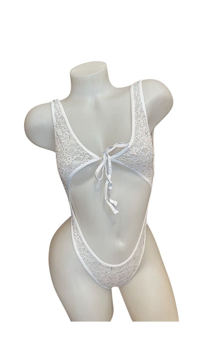 Crystal Lace Front Tie Bodysuit White - Model Express VancouverLingerie