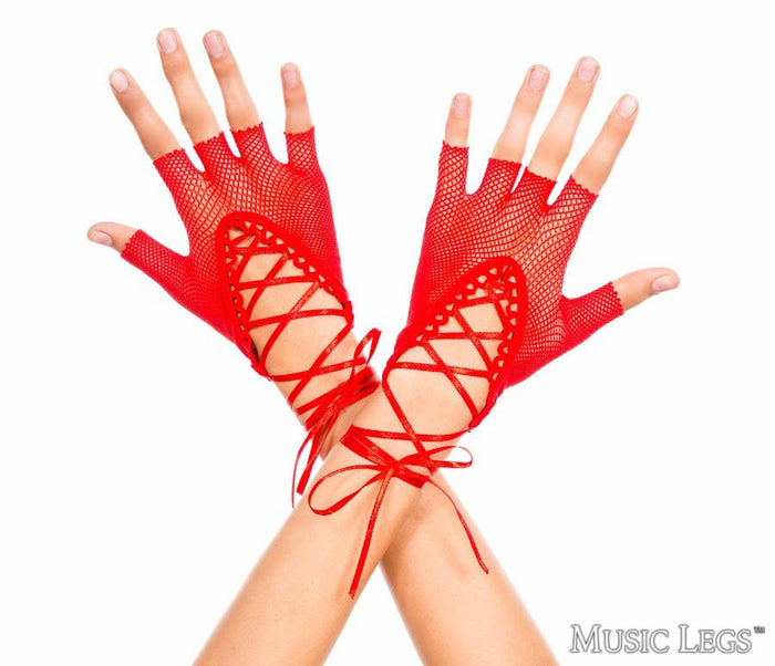 Fishnet Gloves with Lace Top Tie Red - Model Express VancouverAccessories