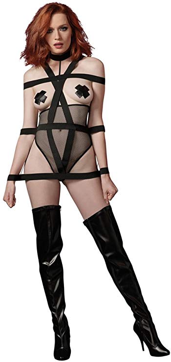 Fishnet Teddy with Collar and Elastic Body Harness Black - Model Express VancouverLingerie