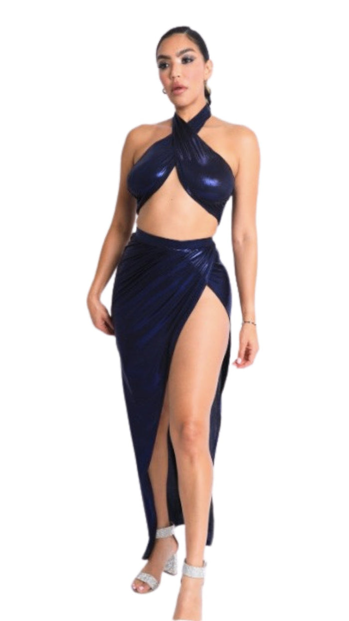 Foil Halter Two Piece Maxi Skirt Set Navy - Model Express VancouverClothing