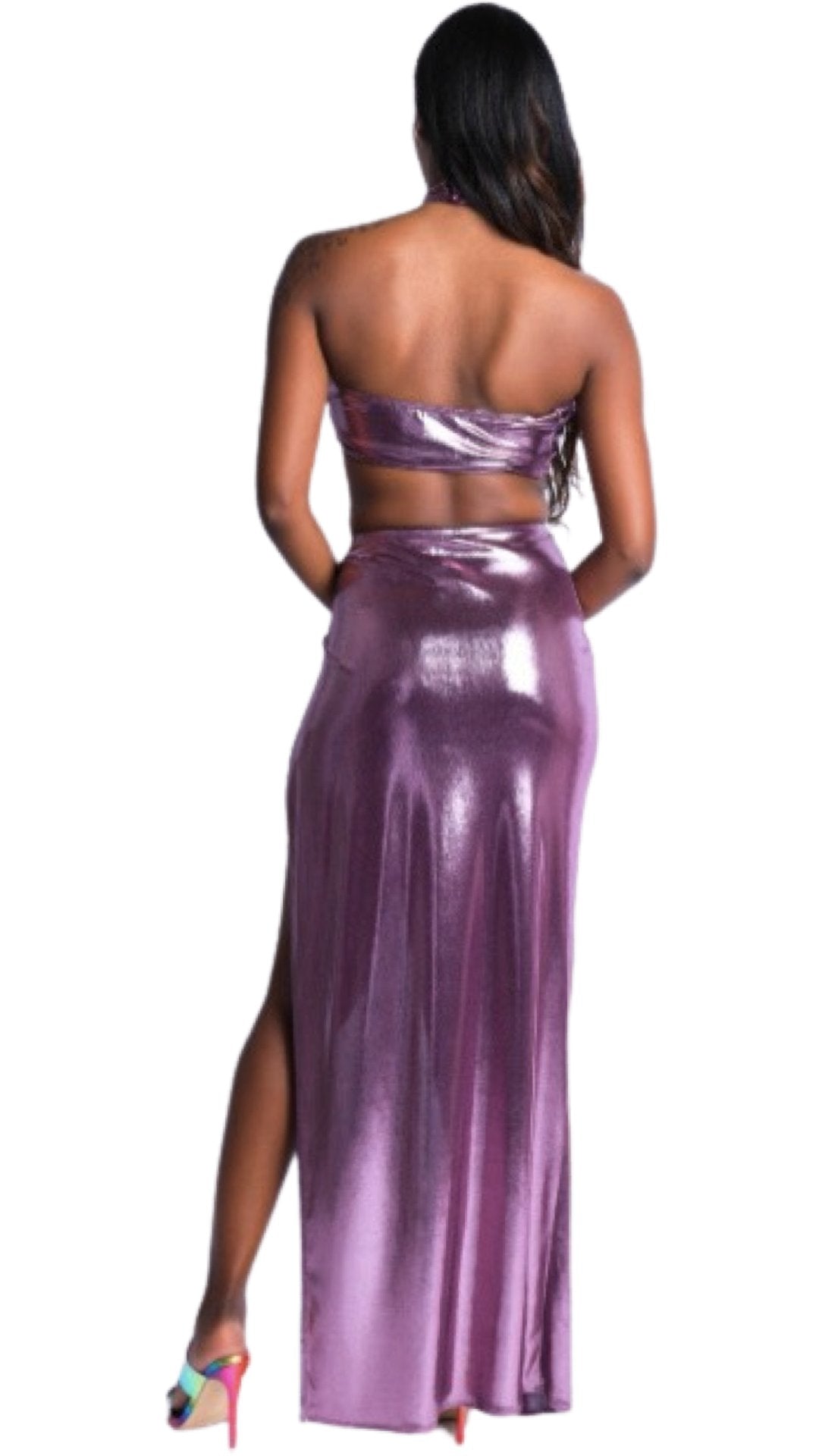 Foil Halter Two Piece Maxi Skirt Set Purple - Model Express VancouverClothing