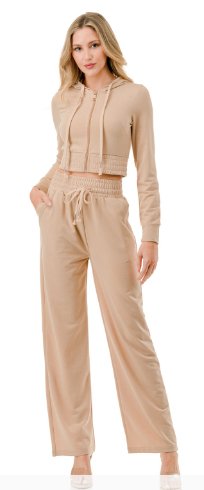 French Terry Cropped Zip Hoodie and Pants Tan - Model Express Vancouver