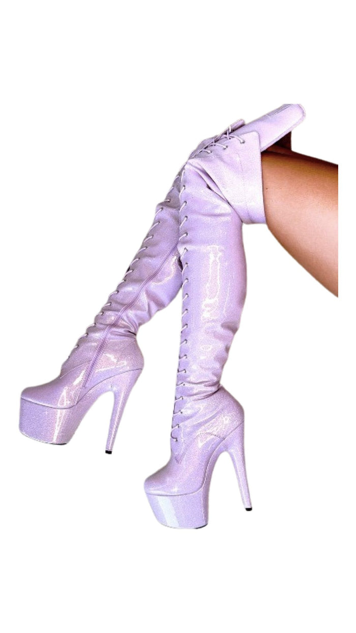 Hella Heels: Glitterati Thigh High Lilac Lover 7" - INSTORE - Model Express VancouverBoots