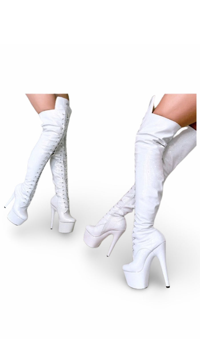 Hella Heels: Glitterati Thigh High Snow Kween White 7" - INSTORE - Model Express VancouverBoots