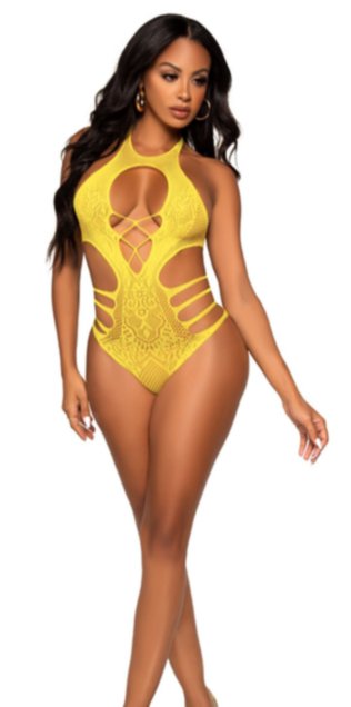 Lace Cut Out Strappy Bodysuit Yellow - Model Express VancouverLingerie