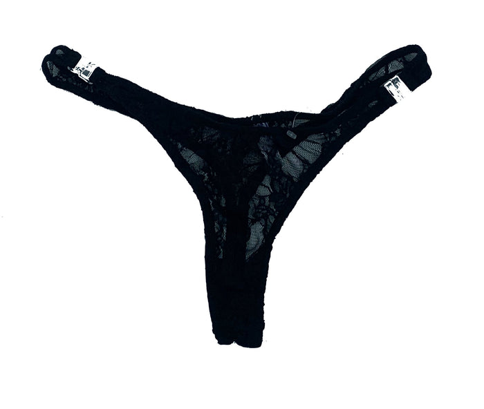 Lace Detachable T-Back Thong with Clips - Black - Model Express VancouverBikini