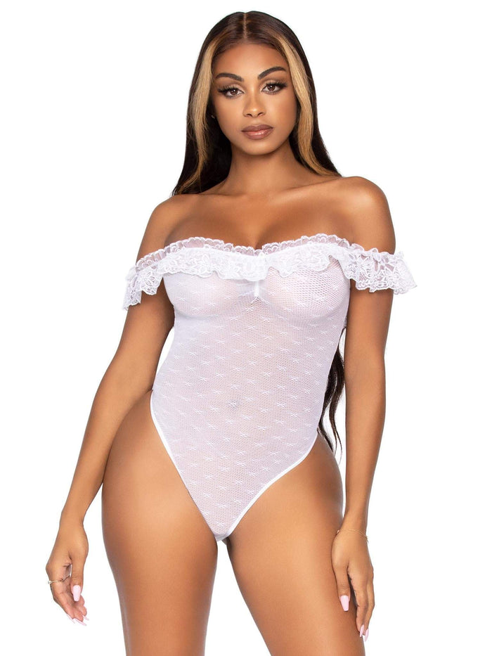 Lace Ruffle Snap Crotch Teddy White - Model Express VancouverLingerie