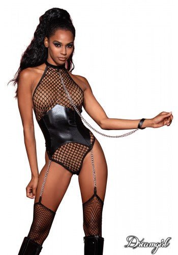 Large Net Halter Teddy with Corset Waist - Model Express VancouverLingerie