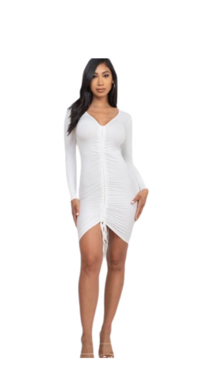 Long Sleeve Front Ruched Dress White - Model Express VancouverClothing
