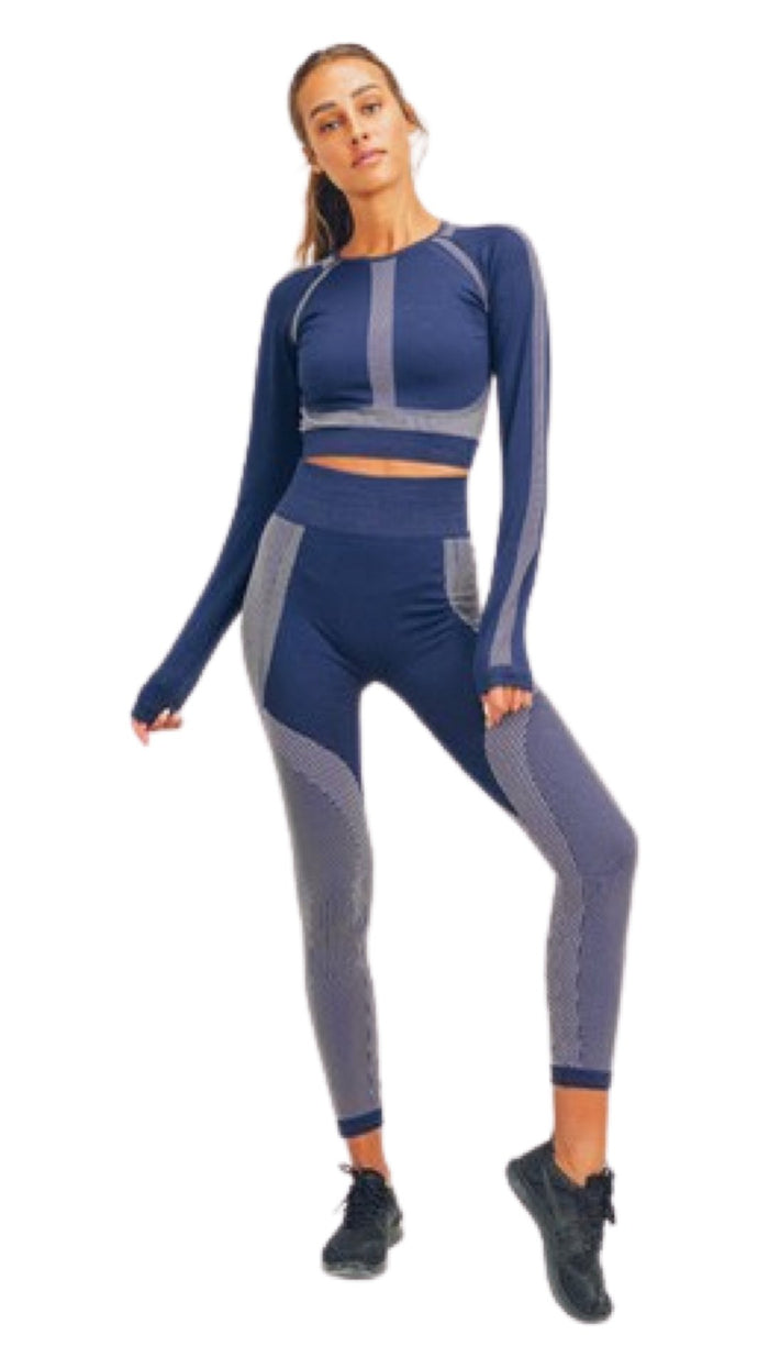 Long Sleeve Seamless Crop Top and Leggings Set Navy - Model Express Vancouver