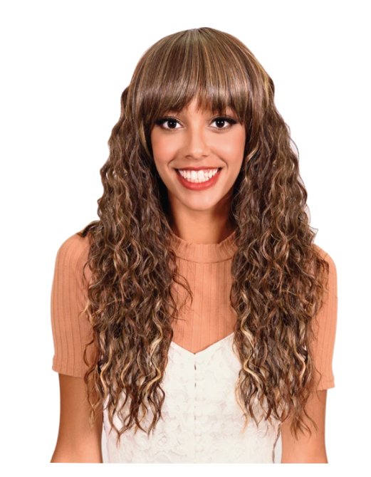 Long Tight Curl Wig with Bangs - Medium Brown/Copper Blonde - Model Express VancouverAccessories