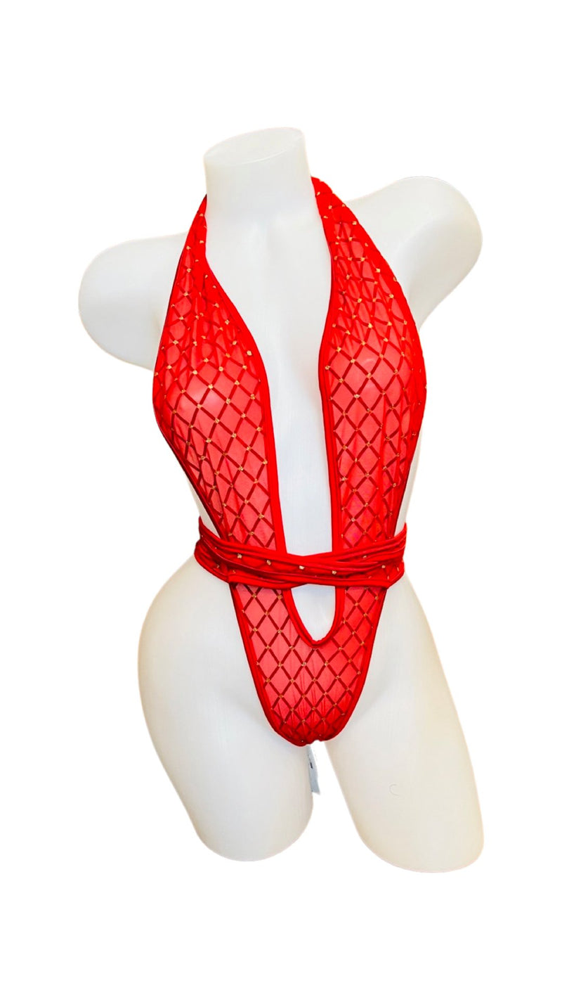 Mesh and Velvet Wrap with Dots Red - Model Express VancouverLingerie