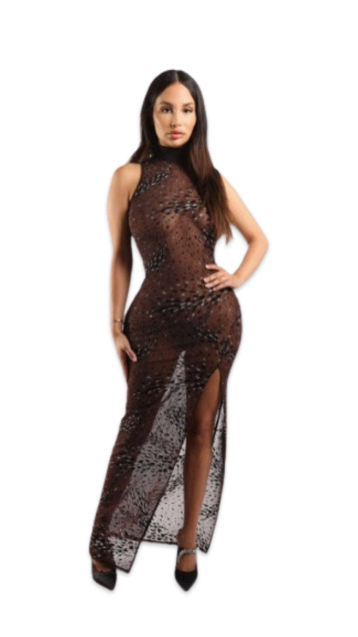 Mesh Glitter Slit Dress Brown - Model Express VancouverClothing