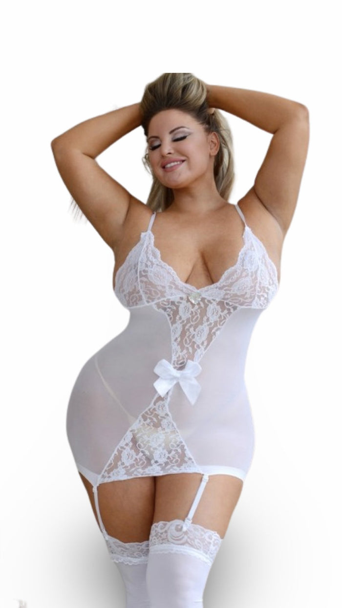 Plus Size Lace Dress with Attached Garter Stockings White - Model Express VancouverLingerie