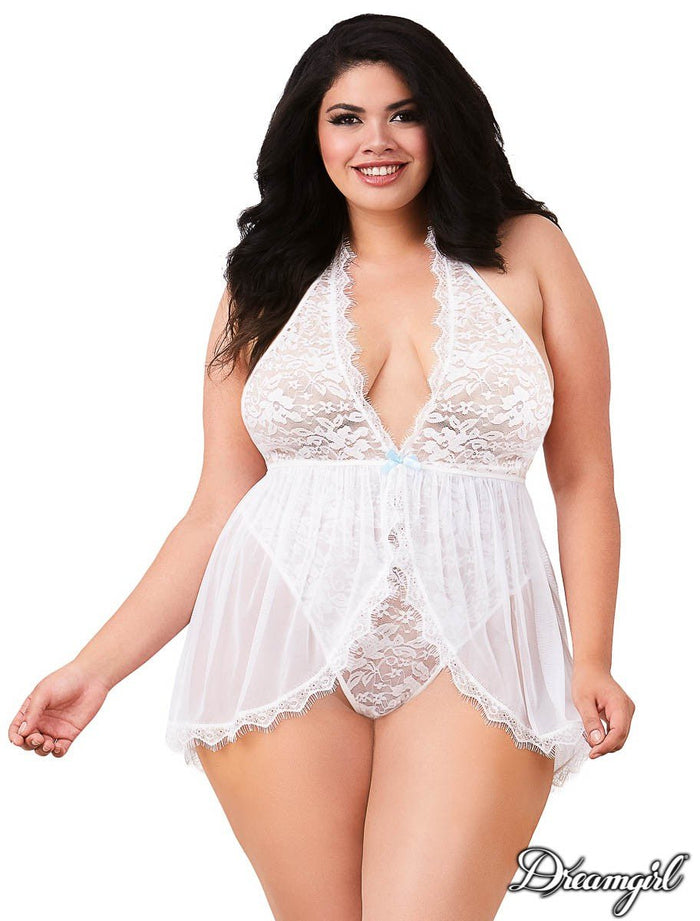 Plus Size Lace Teddy with G-String White - Model Express VancouverLingerie