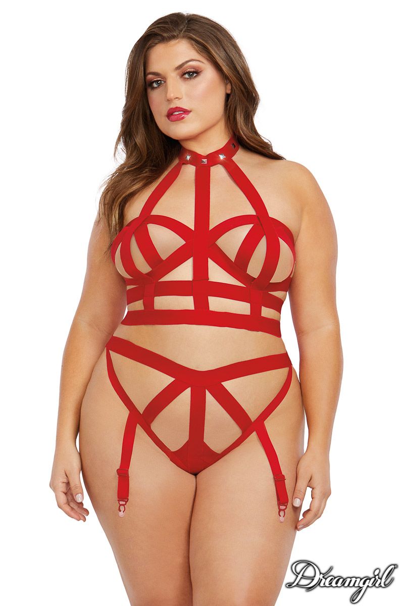Plus Size Strappy Elastic Set Red - Model Express VancouverLingerie