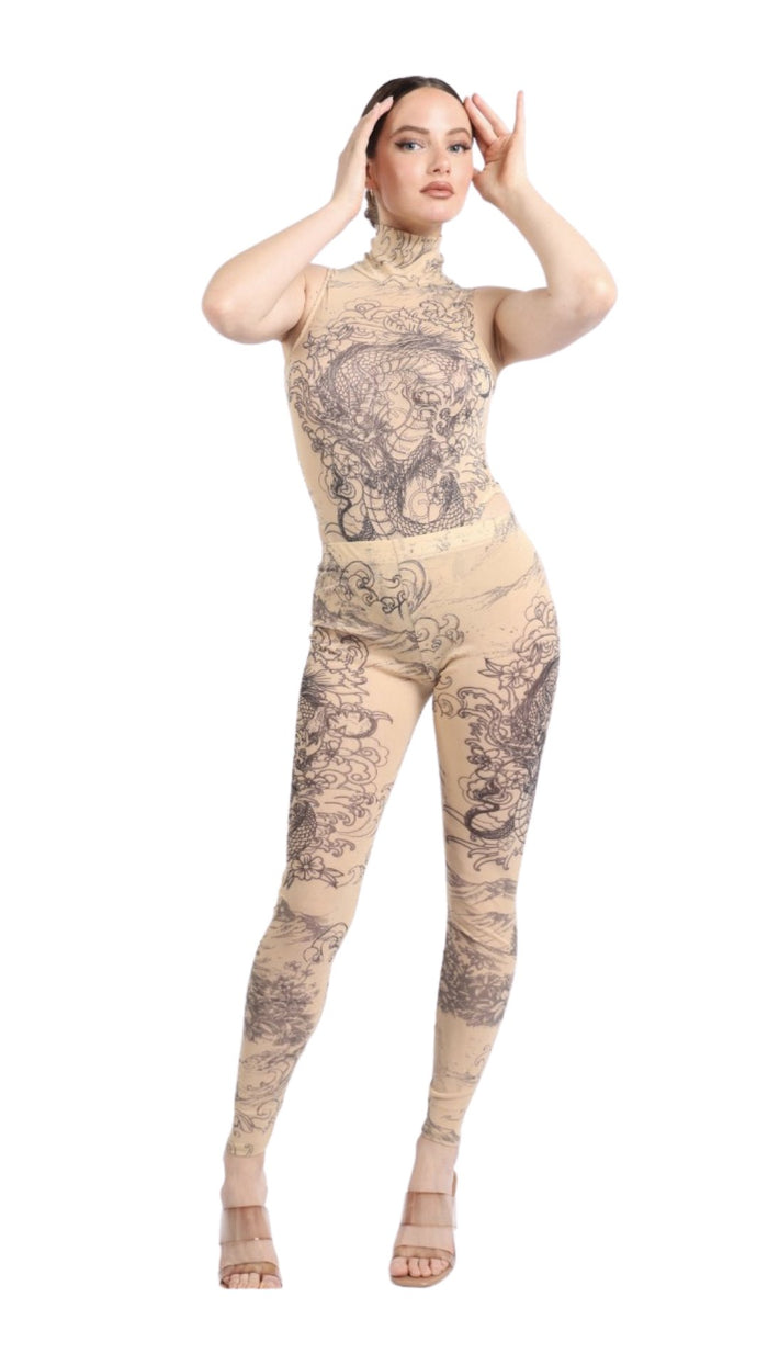 Printed Mesh Bodysuit and Legging Set Nude - Model Express VancouverClothing