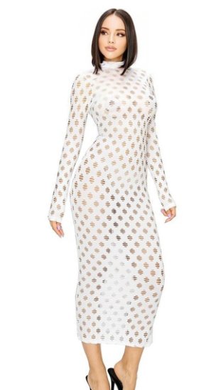 Punched Hole Long Sleeve Dress White - Model Express Vancouver