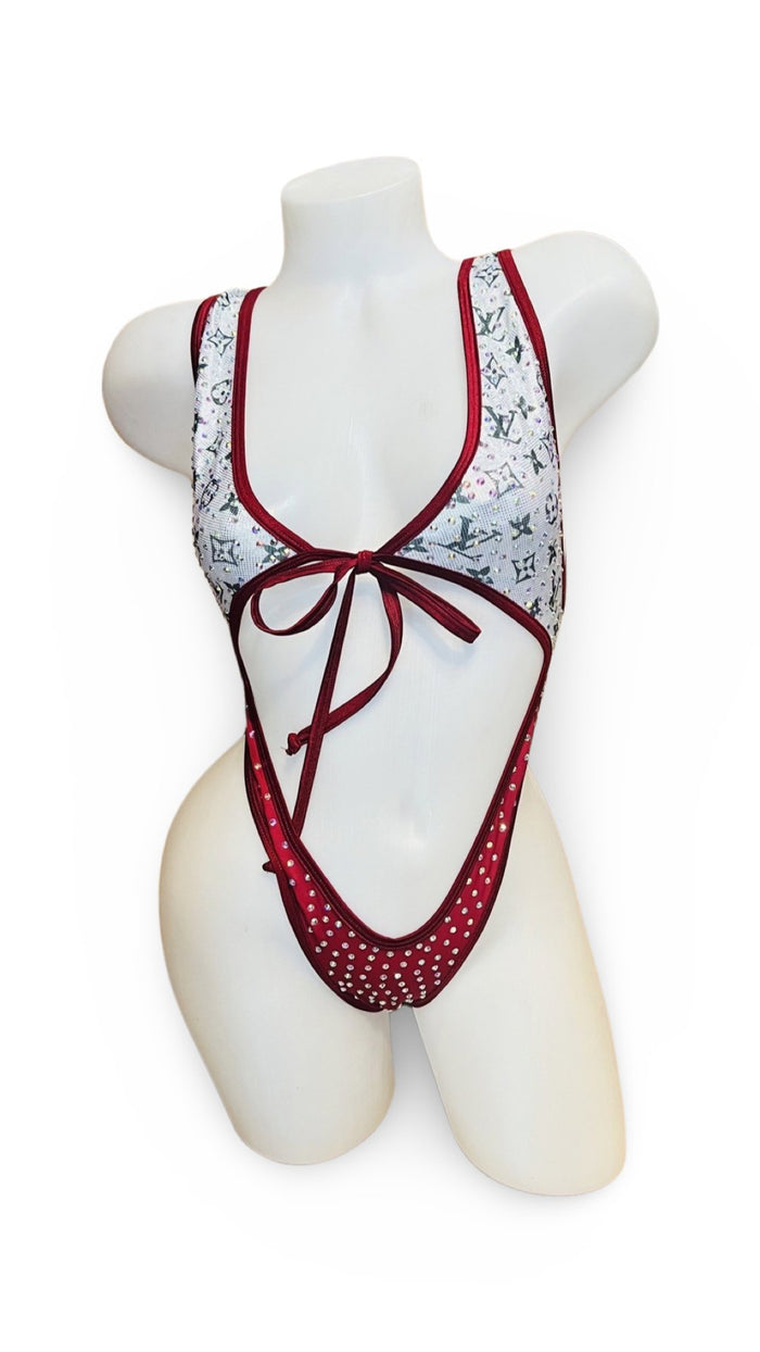 Rhinestone Front Tie One Piece - Design Red/Silver - Model Express VancouverBikini
