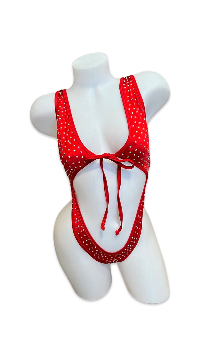 Rhinestone Front Tie One Piece Red - Model Express VancouverBikini