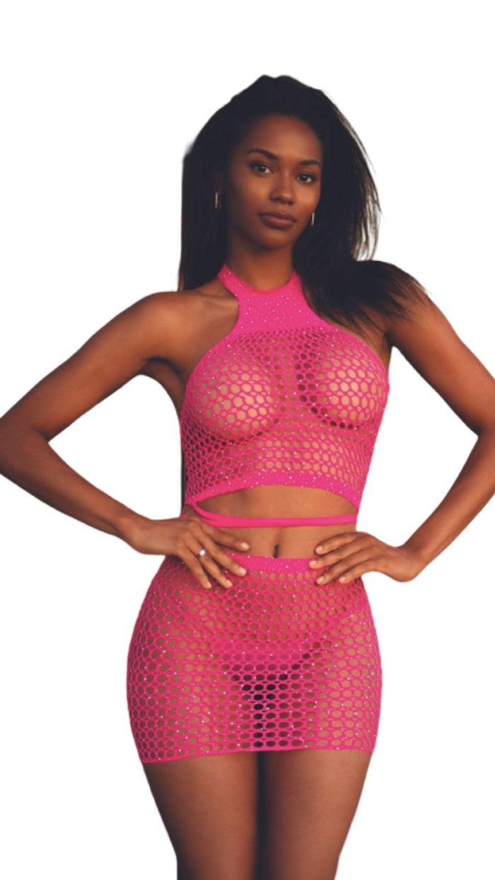 Rhinestone Halter and Skirt Set Neon Pink - Model Express VancouverLingerie