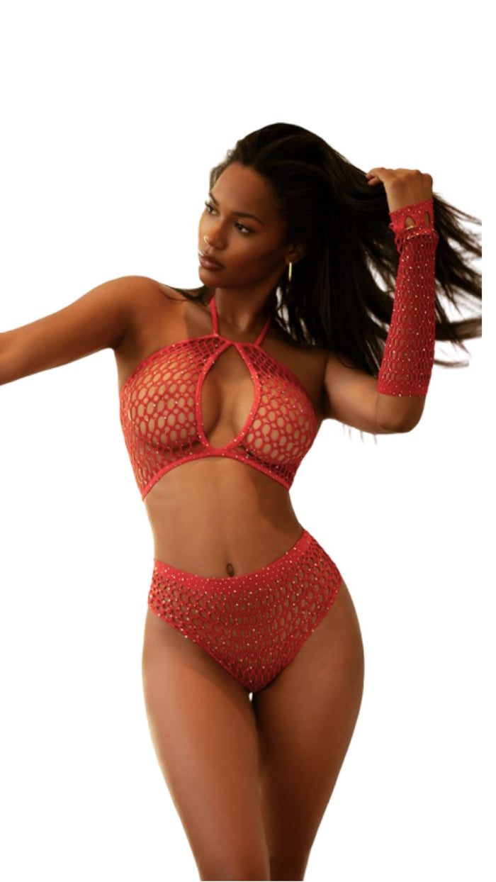 Rhinestone Halter, High Waisted Bottoms and Gloves Red - Model Express VancouverLingerie
