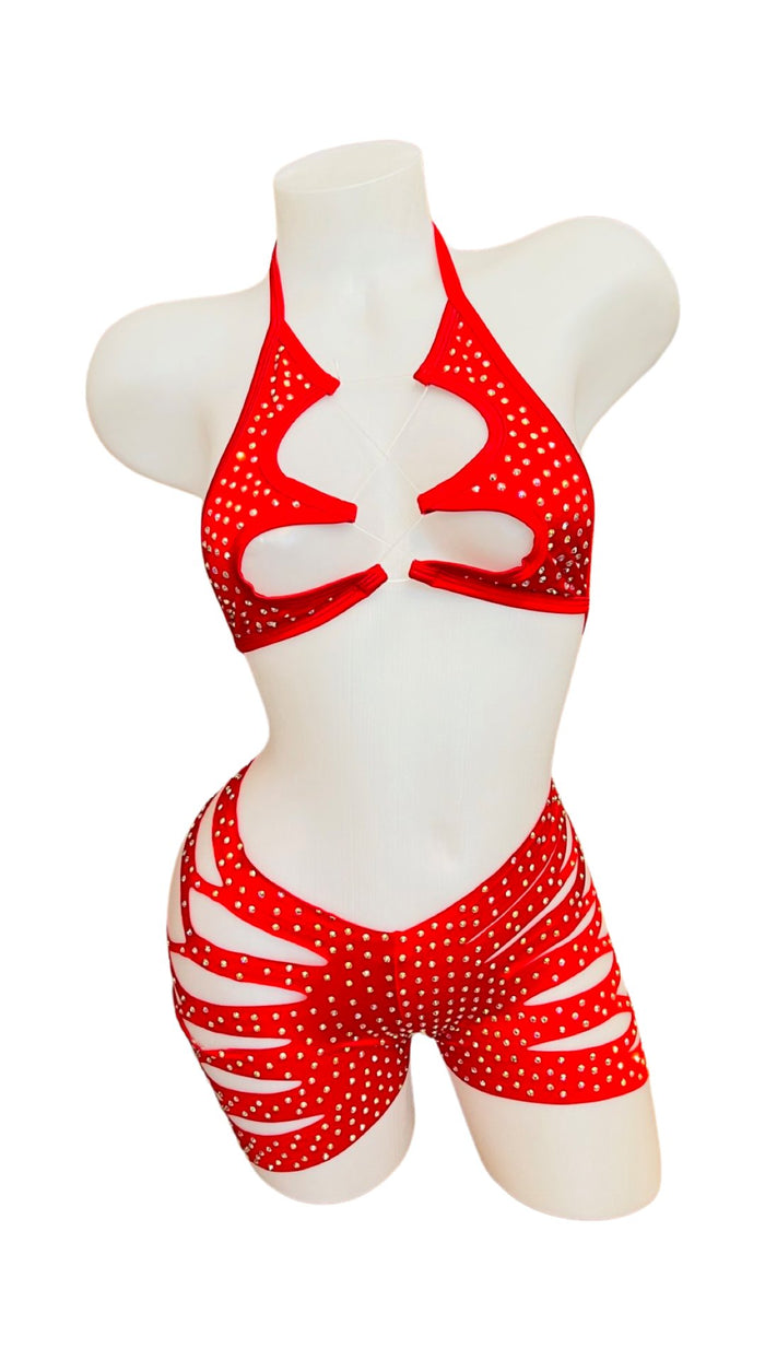 Rhinestone Halter Top and Cut Out Short Set Red - Model Express VancouverBikini