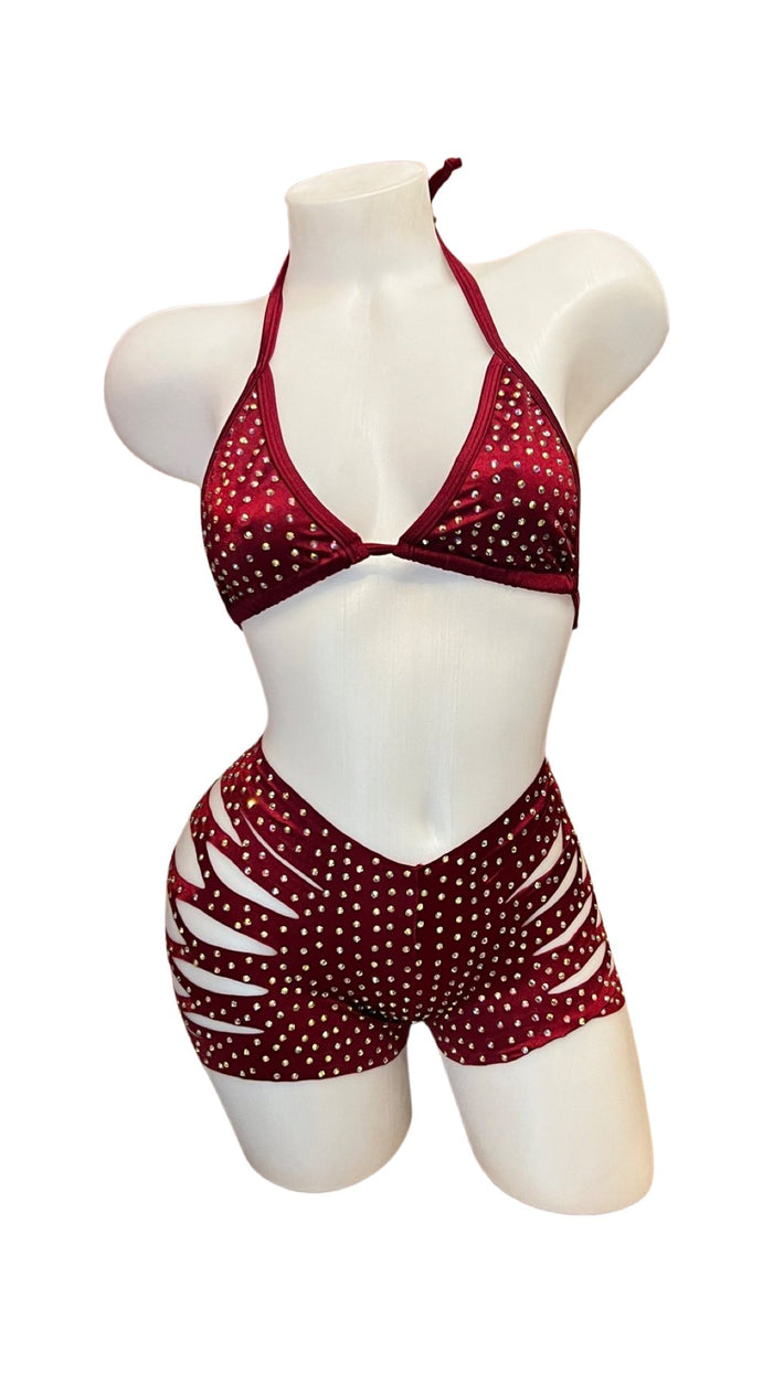 Rhinestone Triangle Top and Cut Out Short Set Burgundy - Model Express VancouverBikini