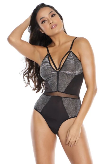 Silver Sparkle Bodysuit with Mesh Cutouts - Model Express VancouverClothing