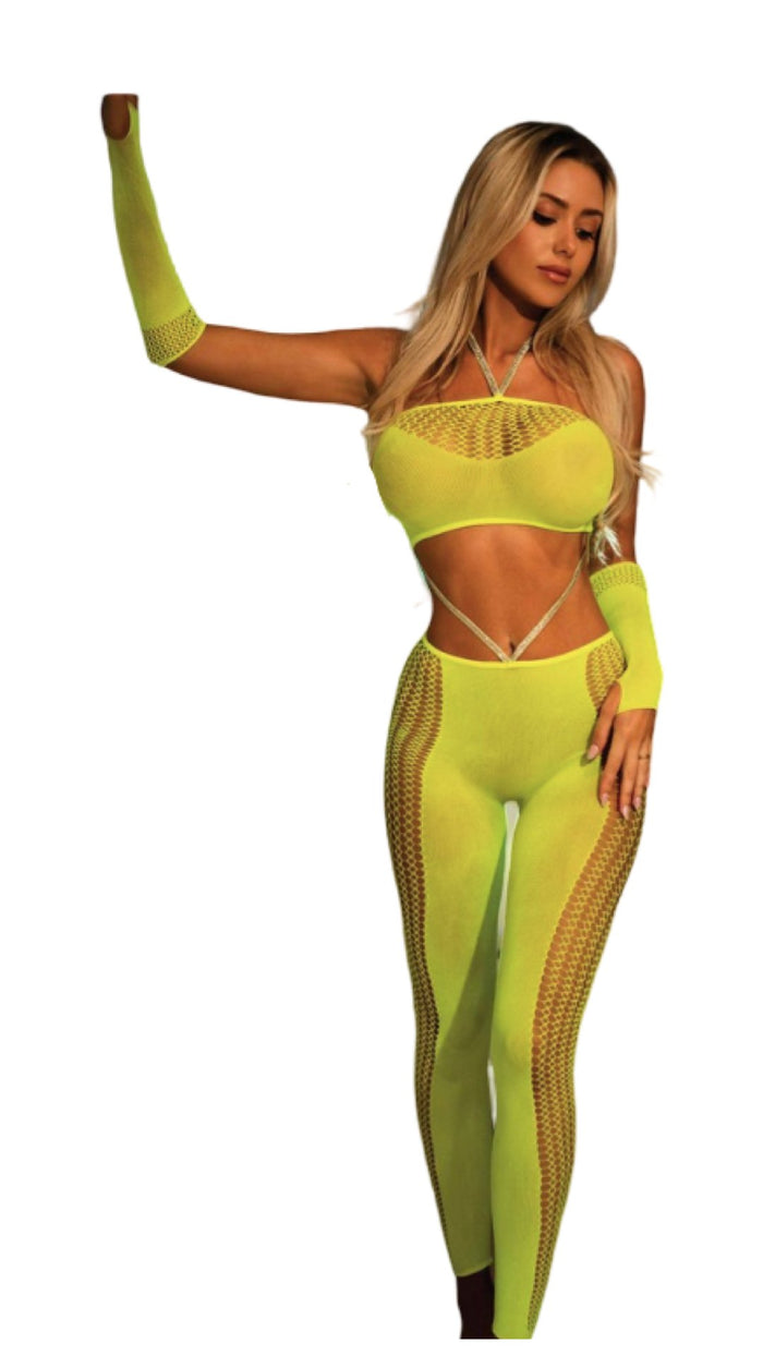 Silver Sparkle Halter and Matching Pants Neon Yellow - Model Express VancouverLingerie