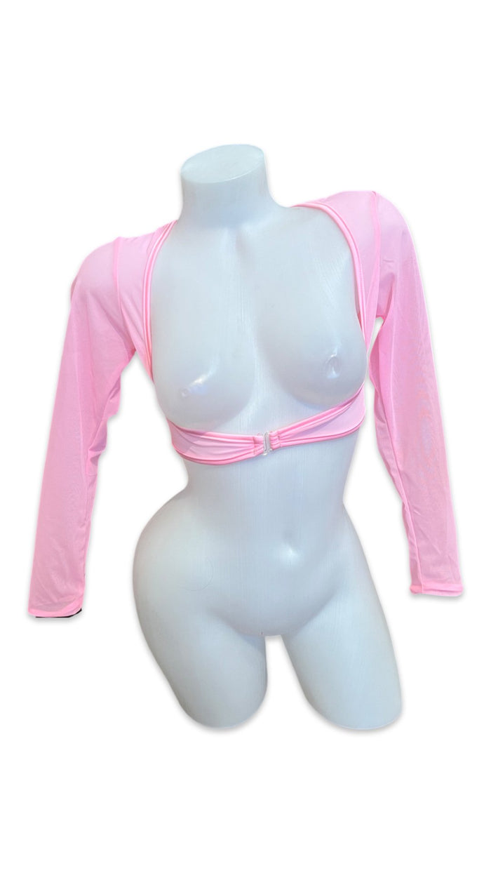 Sleeved Clip Mesh Crop Top Baby Pink - Model Express VancouverClothing