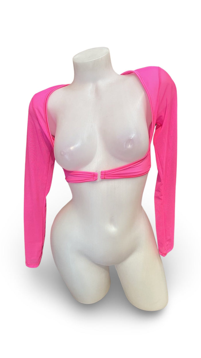 Sleeved Clip Mesh Crop Top Hot Pink - Model Express VancouverClothing