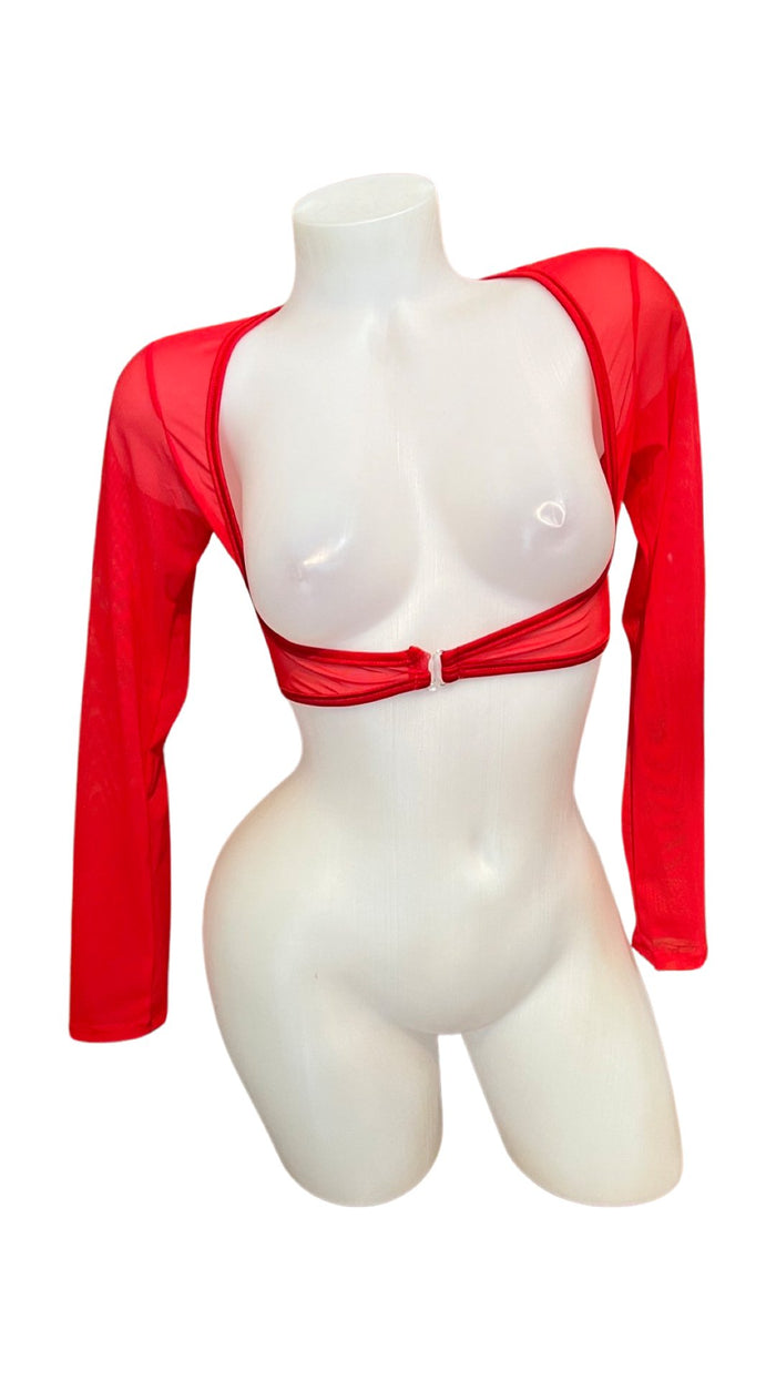 Sleeved Clip Mesh Crop Top Red - Model Express VancouverClothing
