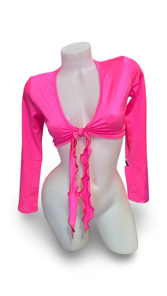Sleeved Front Tie Crop Top Solid Pink - Model Express VancouverClothing