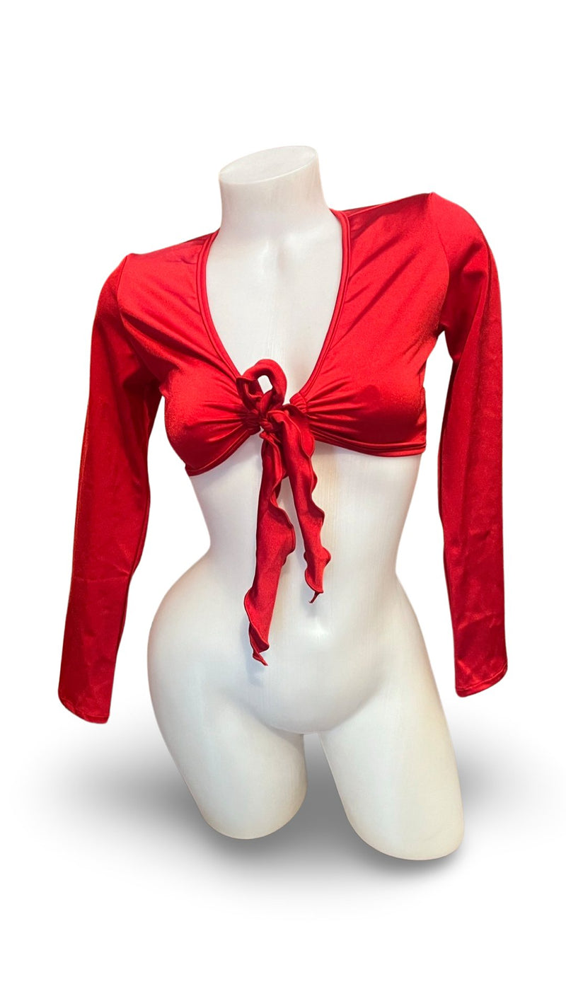 Sleeved Front Tie Crop Top Solid Red - Model Express VancouverClothing