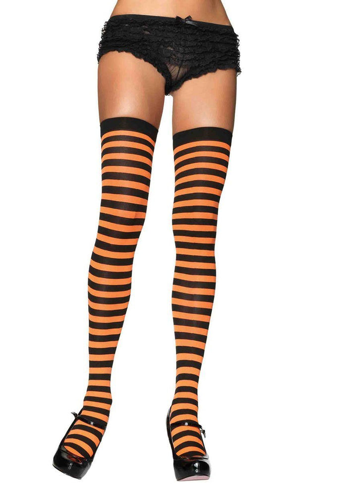 Striped Nylon Thigh Highs Black/Orange - Model Express VancouverHosiery