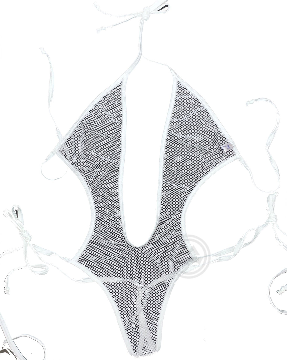 V-neck Fishnet Bodysuit with Ties - White - Model Express VancouverLingerie