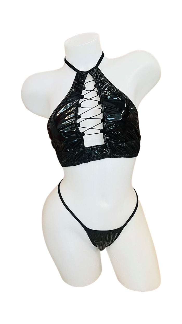 Vinyl Lace Up Bikini - Black - Model Express VancouverLingerie