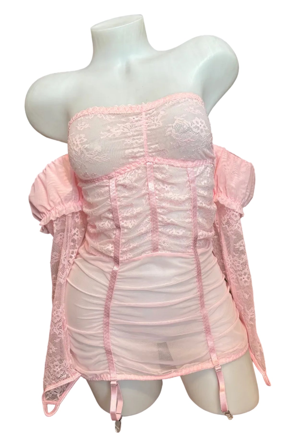 Puff Shoulder Mesh and Lace Garter Dress
