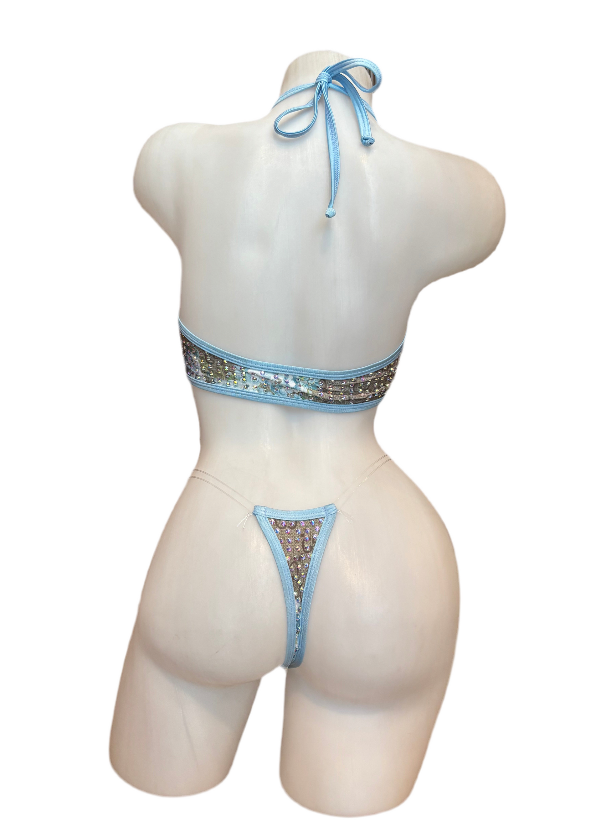 Rhinestone Zig Zag Halter and High Waisted Panty Design Blue - Model Express Vancouver