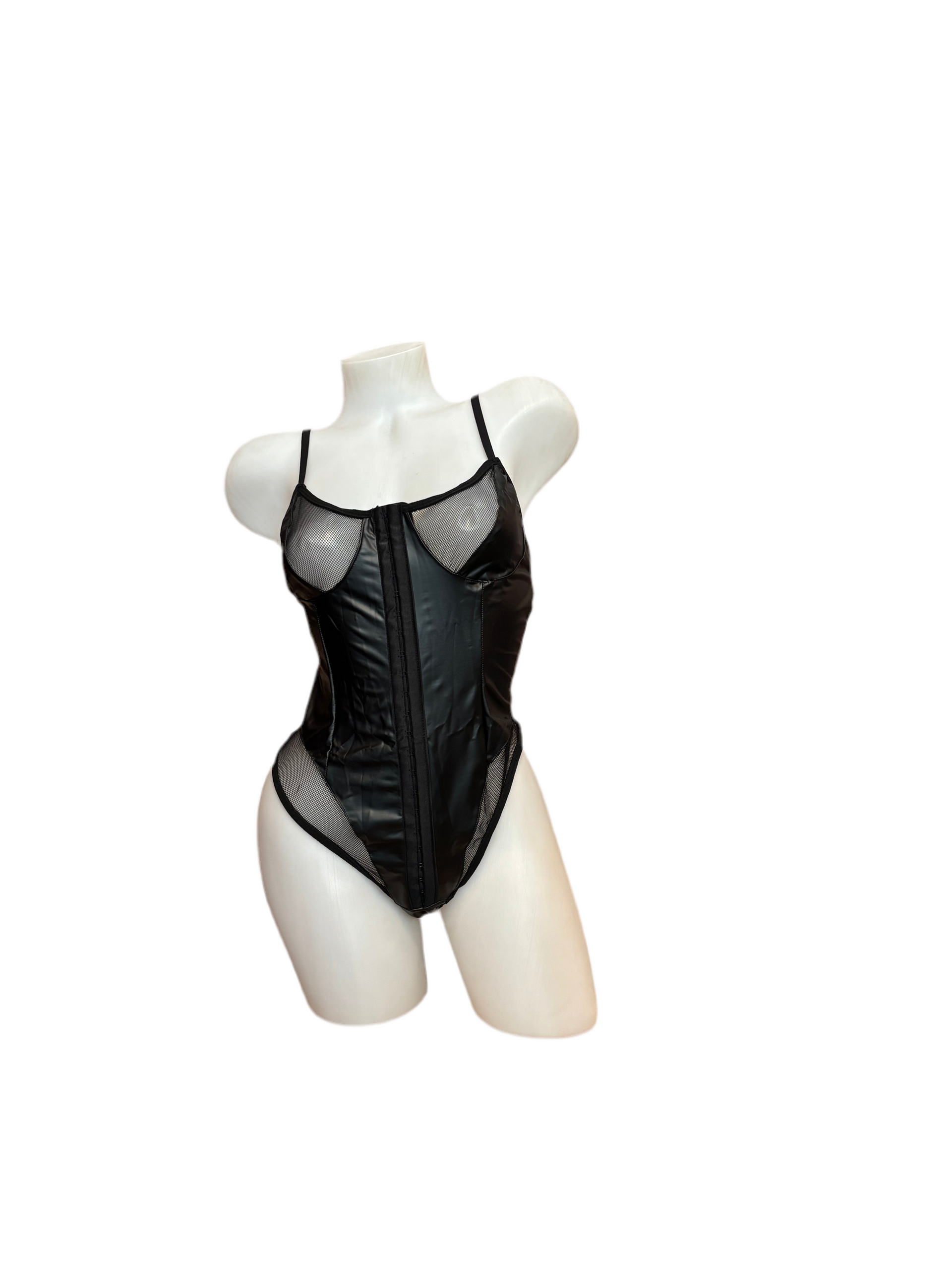 Fishnet and Wet Look Corset Front Bodysuit - Model Express Vancouver