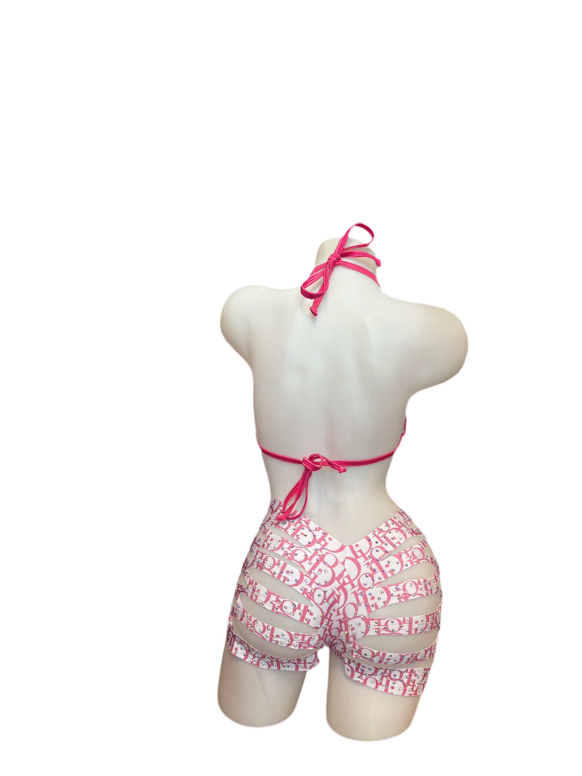 Rhinestone Triangle Top and Cut Out Short Set Designer Pink/White - Model Express Vancouver